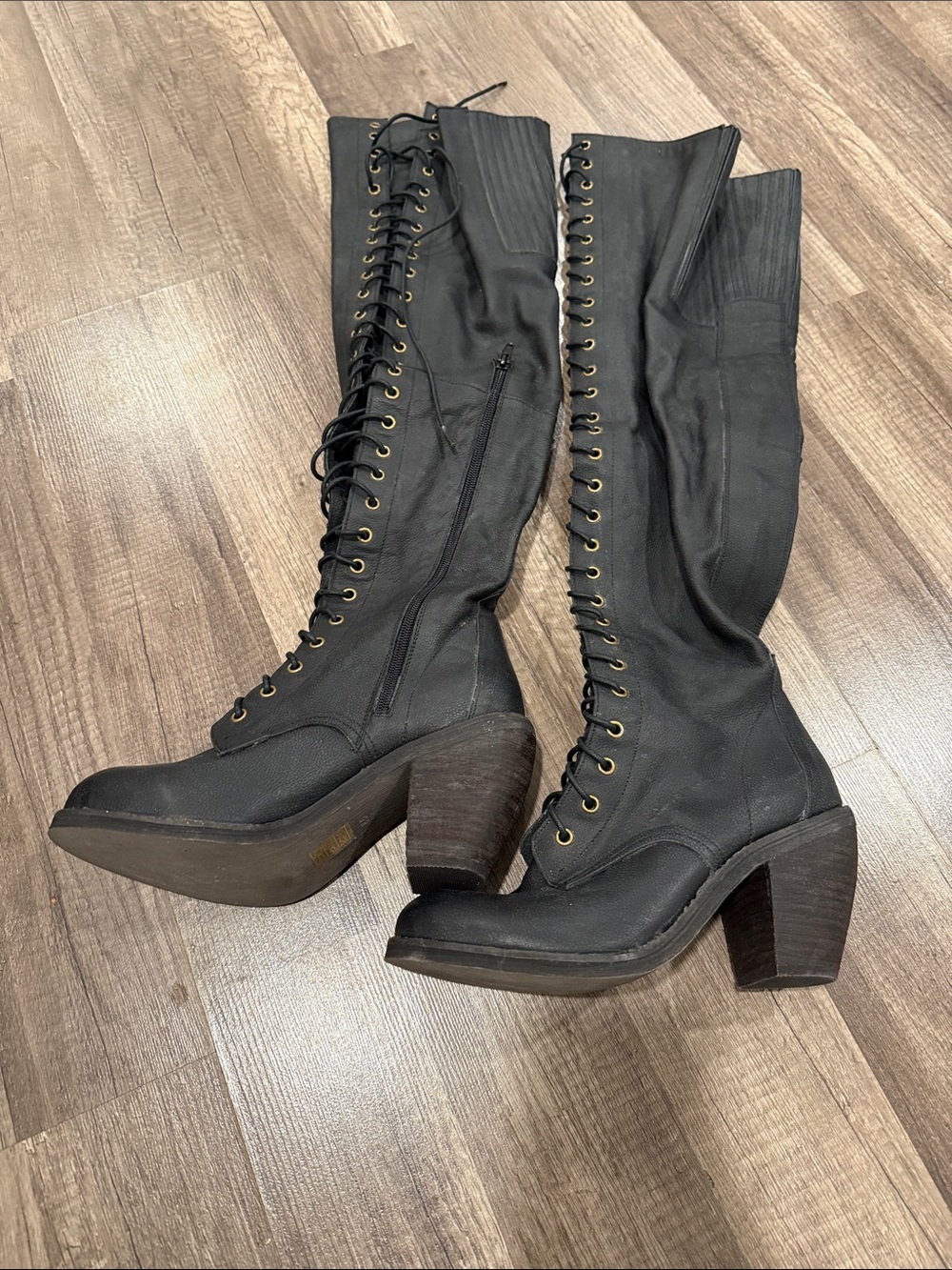 Lace-Up Over-the-Knee Heeled Boots in Black